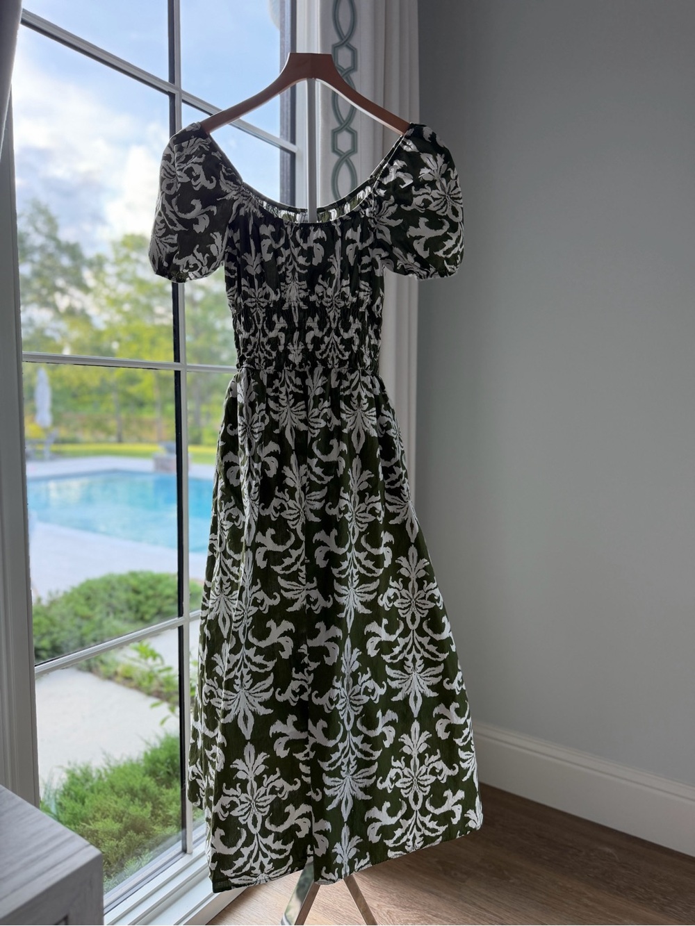 Maeve Anthropologie Green Floral Puff Sleeve Fit & Flare Midi Dress Small